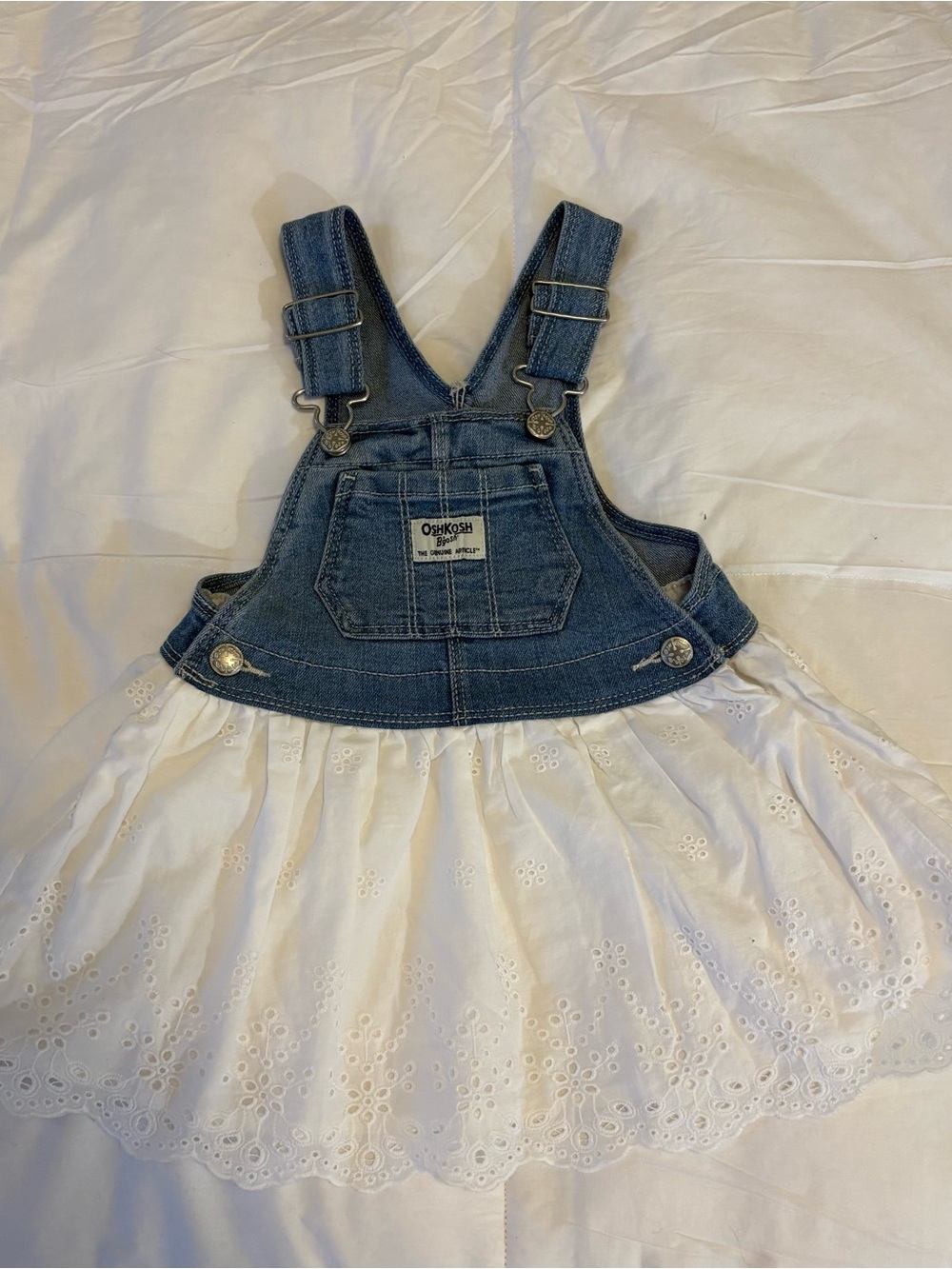 OshKosh B'gosh Blue Denim Overall Dress with White Eyelet Skirt